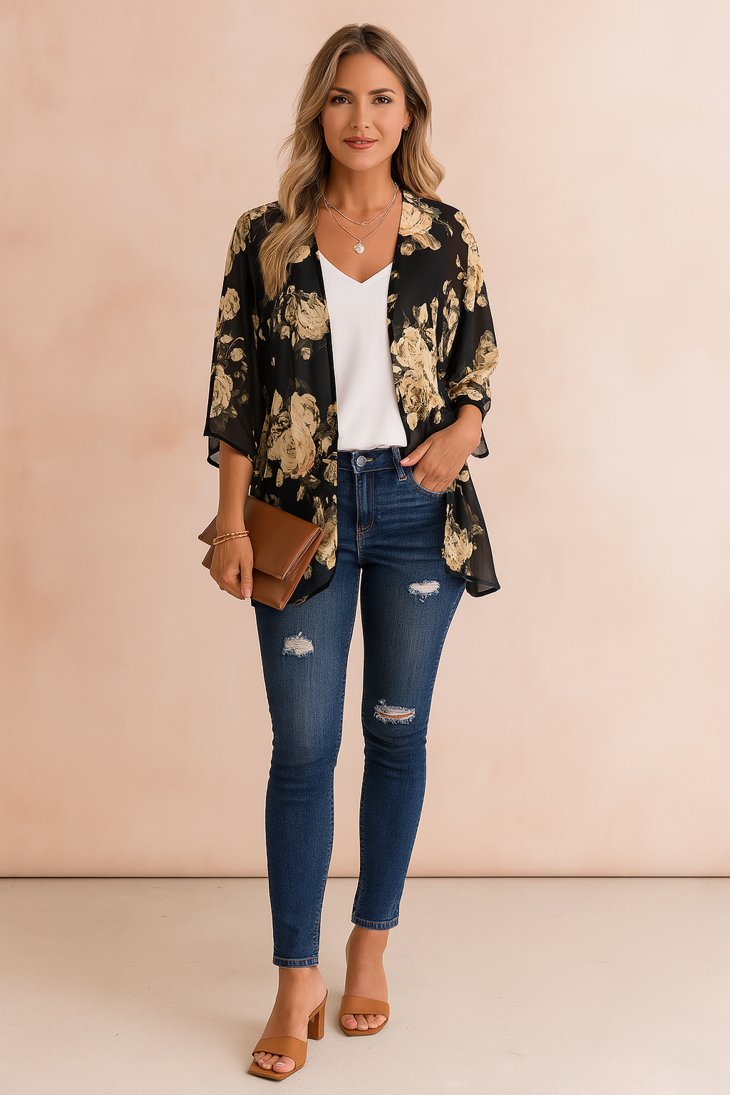 Czarny kremowy wzór kwiatowy